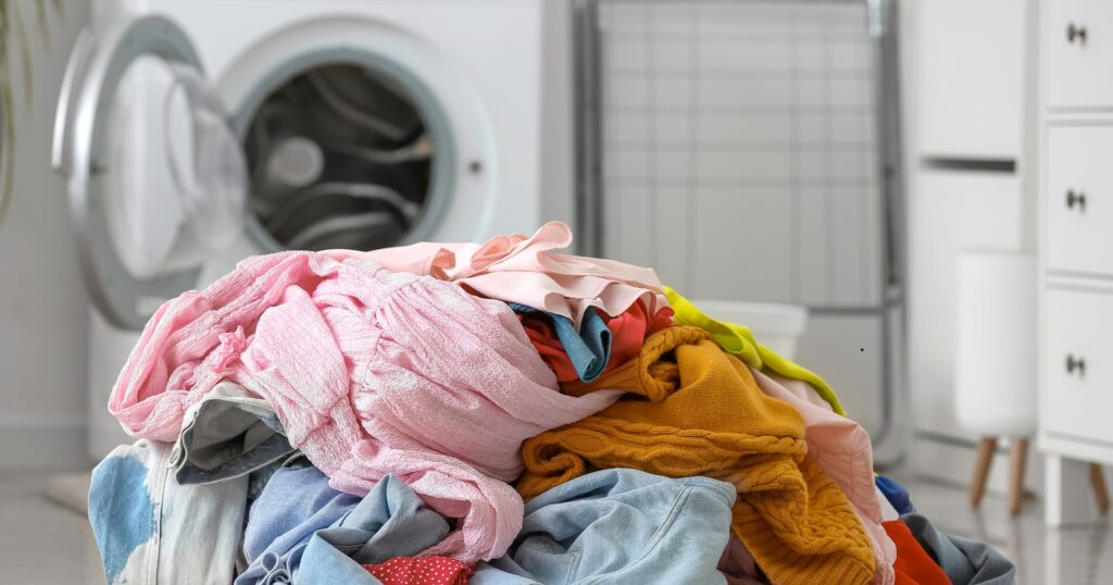 Laundry mistakes shown with a pile of clothes left at the foot of a washing machine, capturing everyday struggle and poor laundry habits.